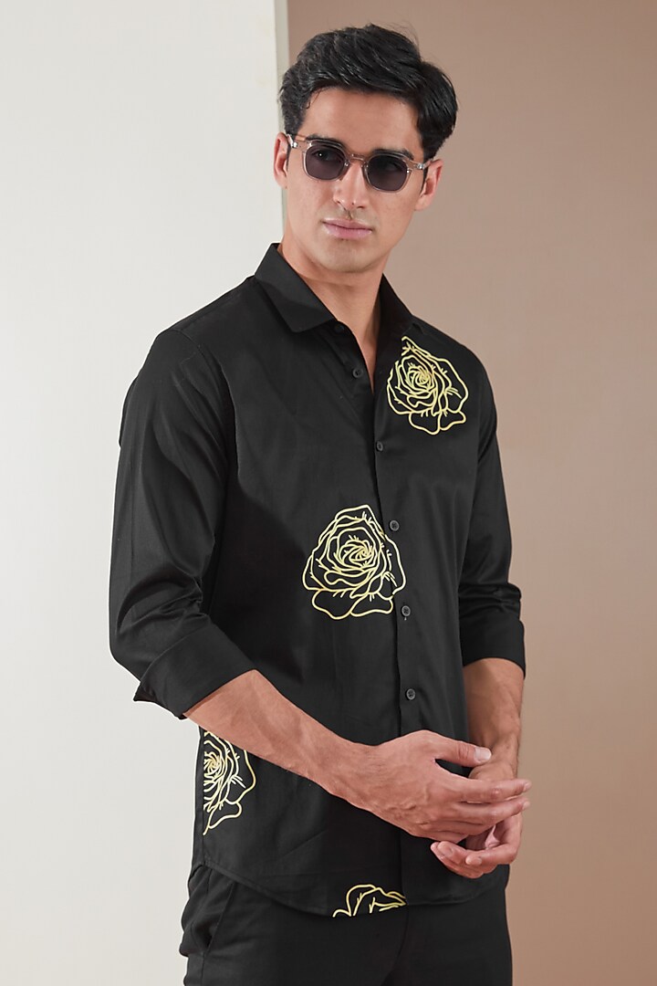 Black Pure Cotton Printed Summer Shirt by HE SPOKE at Pernia's Pop Up Shop