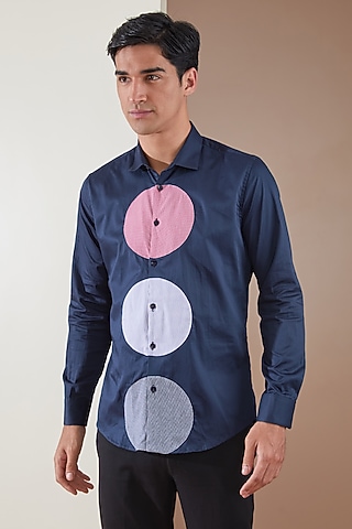 Navy Blue Pure Cotton Color Blocked Shirt by HE SPOKE