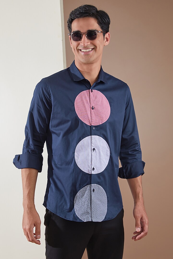Navy Blue Pure Cotton Color Blocked Summer Shirt by HE SPOKE at Pernia's Pop Up Shop