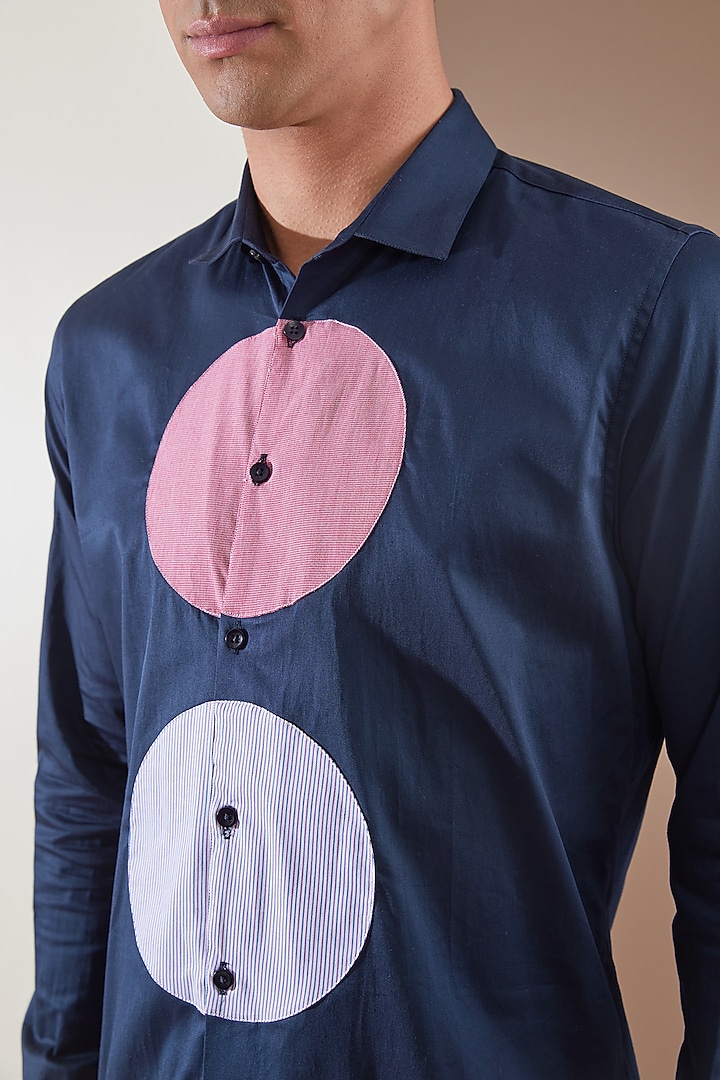 Navy Blue Pure Cotton Color Blocked Summer Shirt by HE SPOKE at Pernia's Pop Up Shop