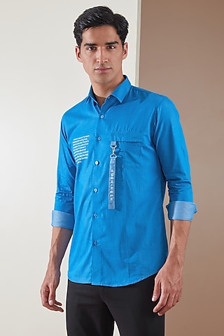 Blue Pure Cotton Printed Shirt by HE SPOKE