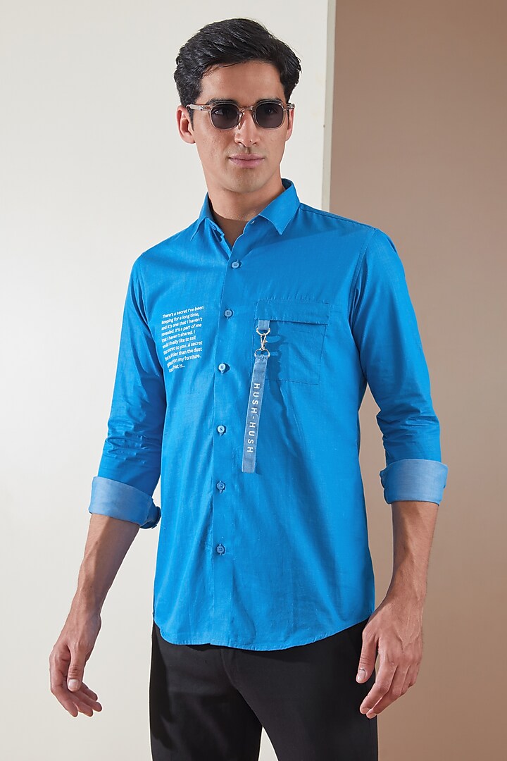 Blue Pure Cotton Printed Summer Shirt by HE SPOKE at Pernia's Pop Up Shop