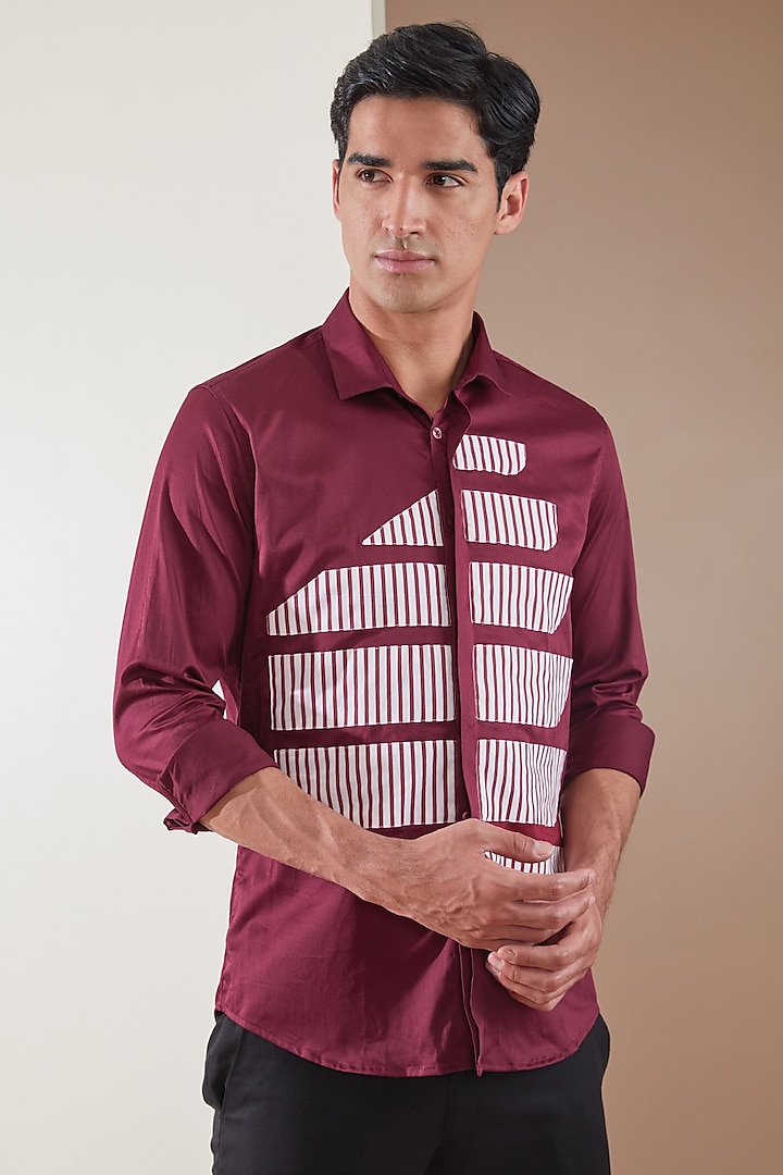 Burgundy Pure Cotton Color Blocked Shirt by HE SPOKE