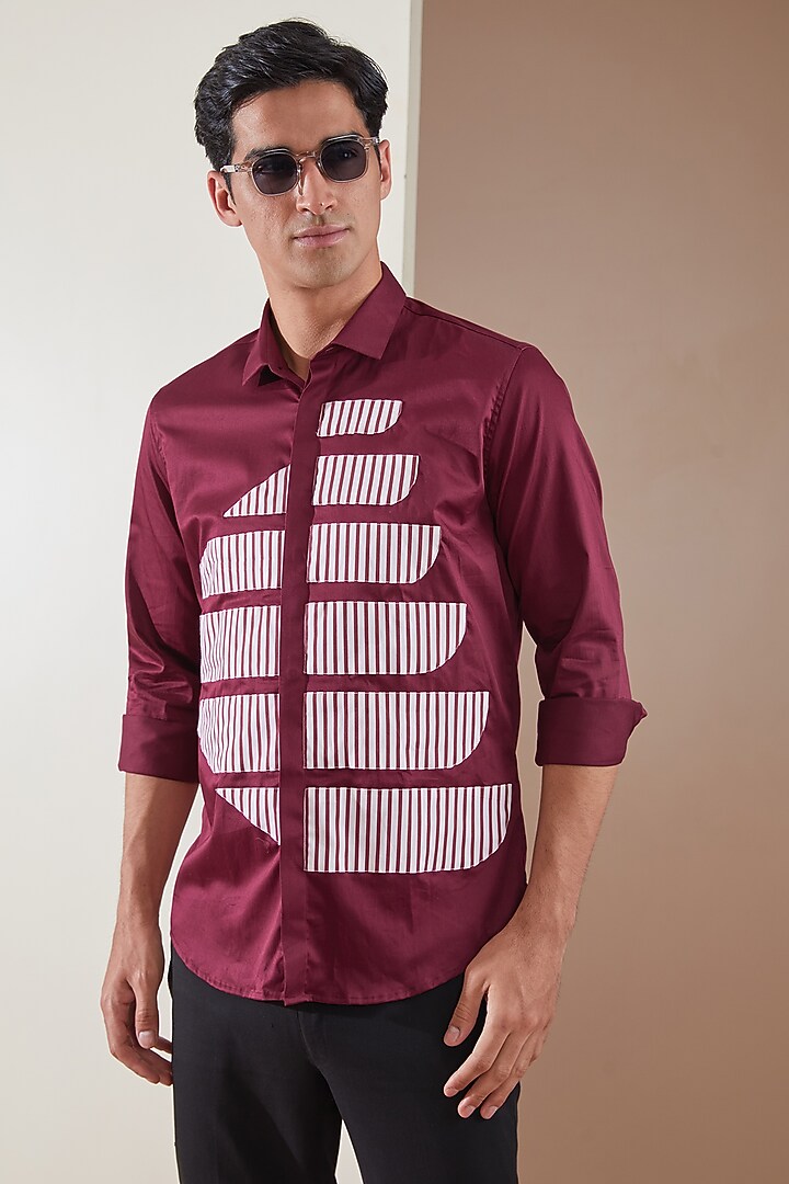 Burgundy Pure Cotton Color Blocked Summer Shirt by HE SPOKE at Pernia's Pop Up Shop