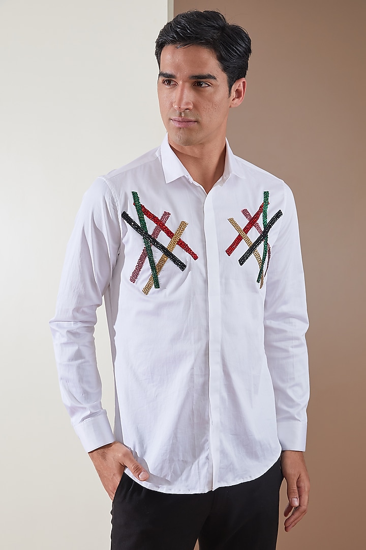 White Pure Cotton Embellished Shirt by HE SPOKE