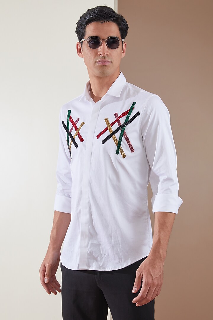 White Pure Cotton Embellished Summer Shirt by HE SPOKE at Pernia's Pop Up Shop