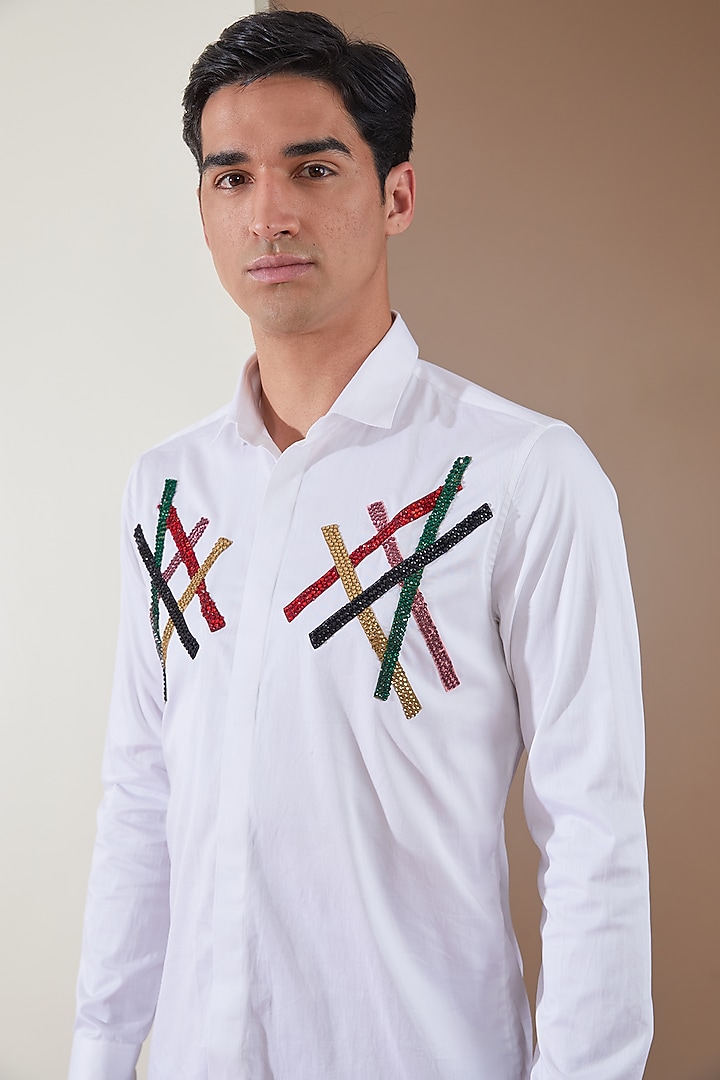 White Pure Cotton Embellished Summer Shirt by HE SPOKE at Pernia's Pop Up Shop
