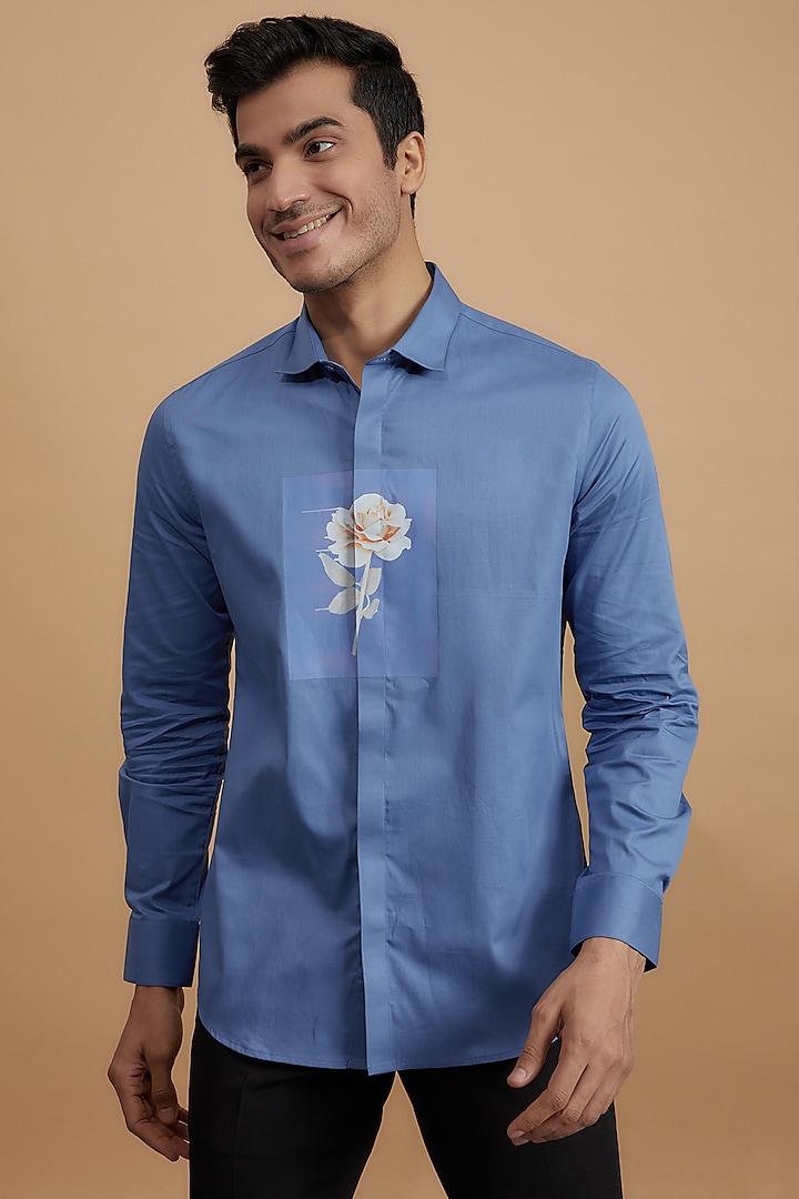 Blue Cotton Floral Printed Shirt by HE SPOKE