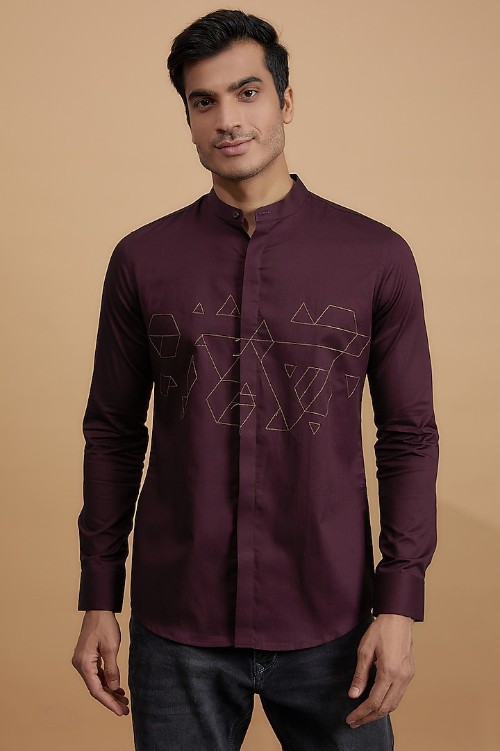 Wine Cotton Embroidered Shirt by HE SPOKE