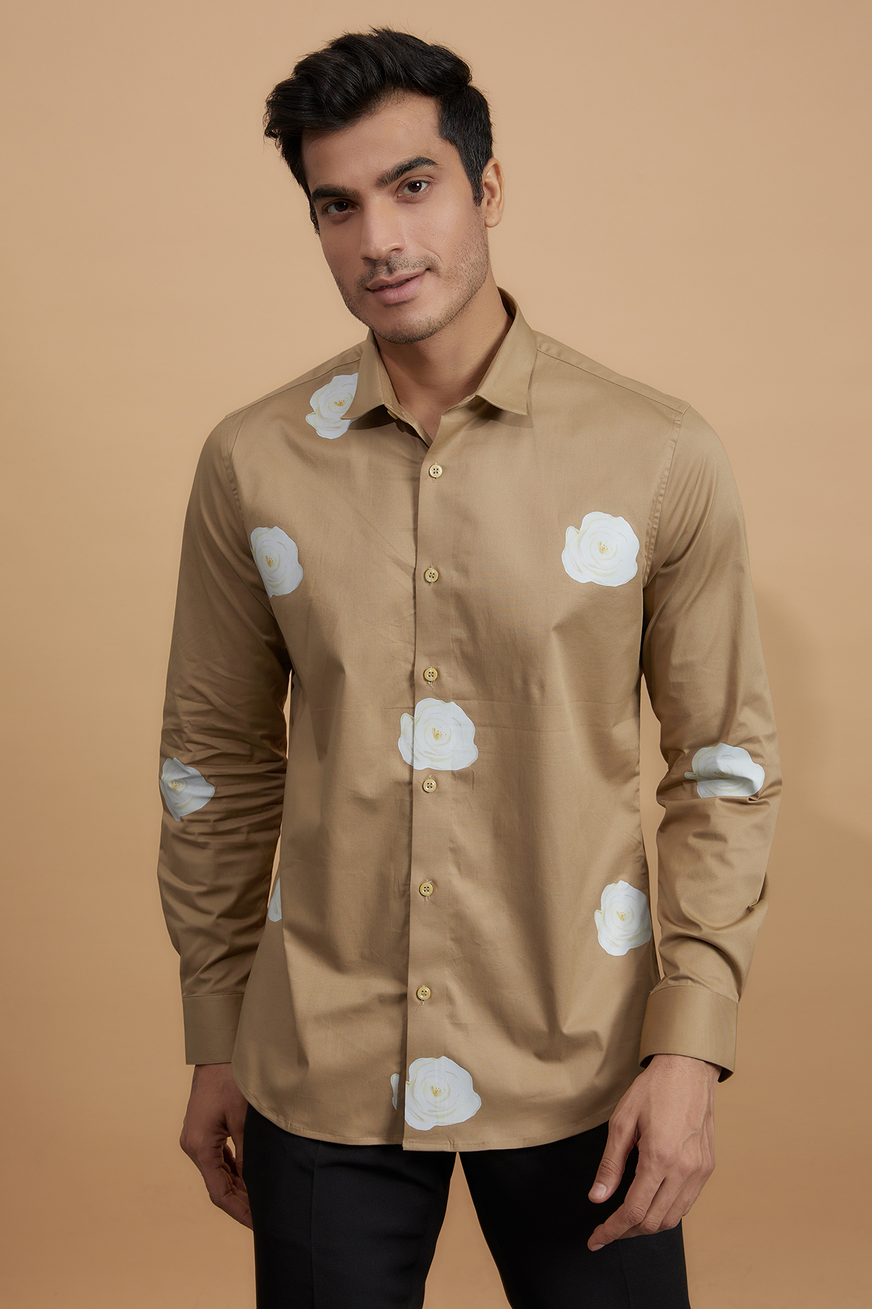 Beige Cotton Floral Printed Shirt by HE SPOKE