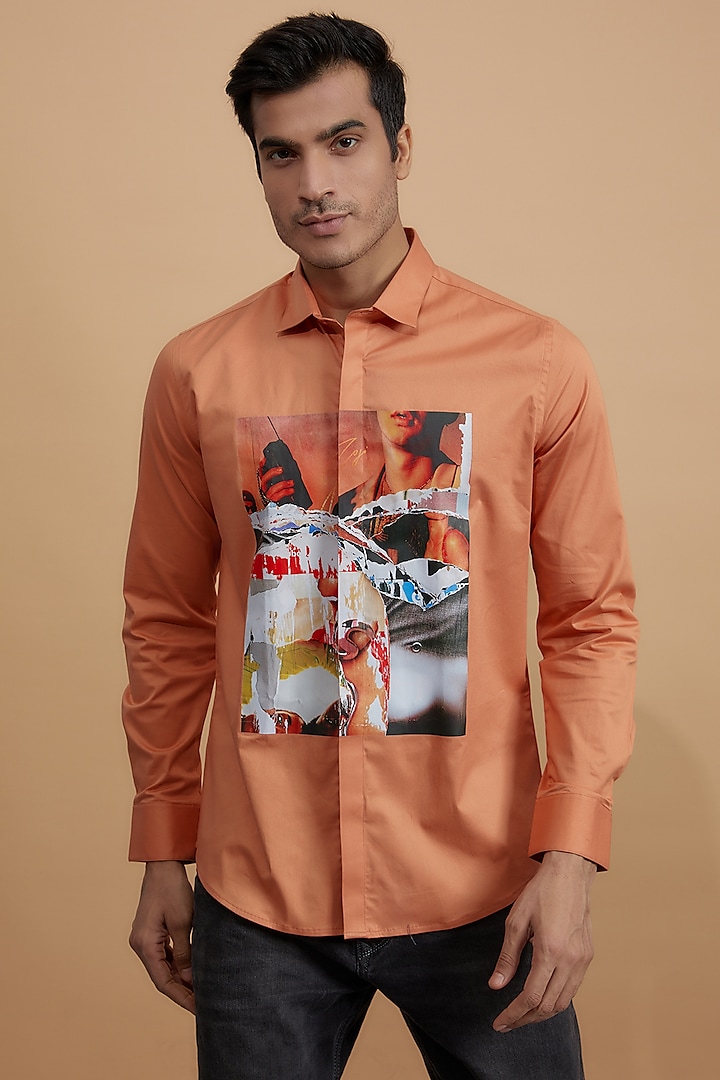 Orange Cotton Printed Shirt by HE SPOKE