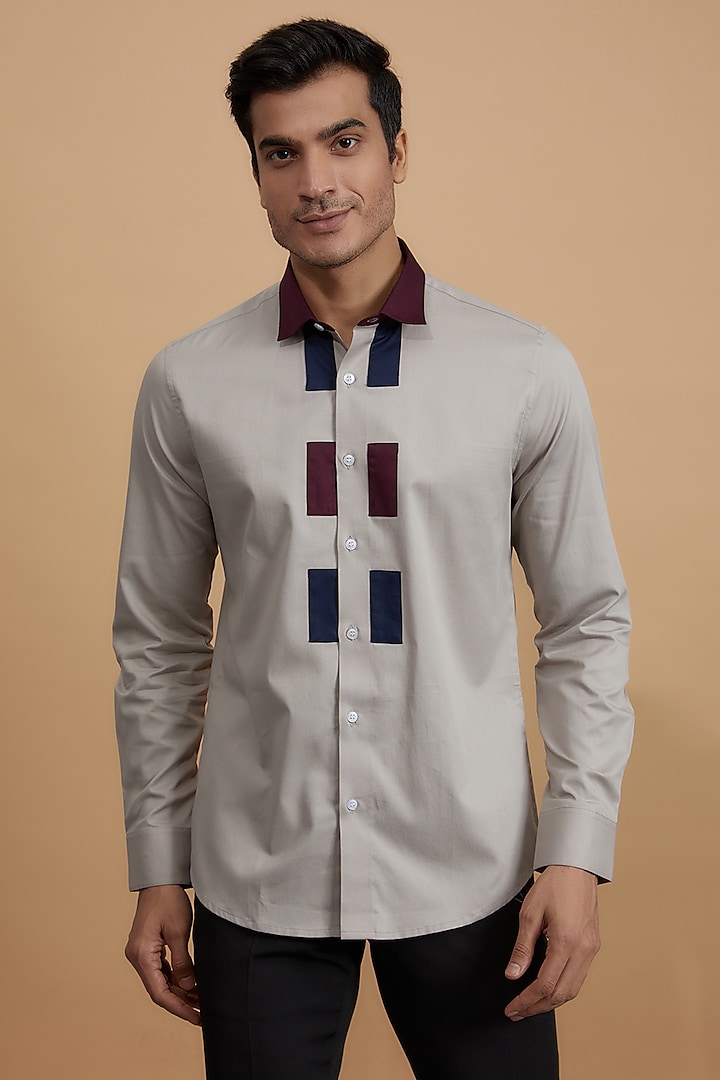 Grey Cotton Color-Blocked Shirt by HE SPOKE