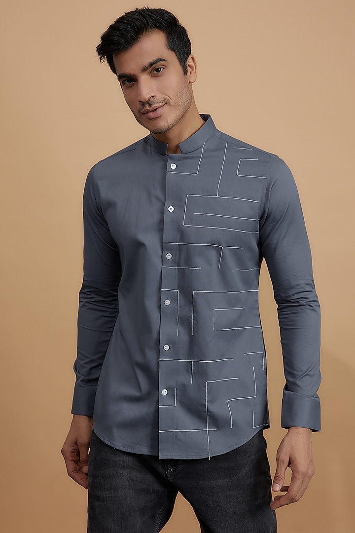 Grey Cotton Embroidered Shirt by HE SPOKE