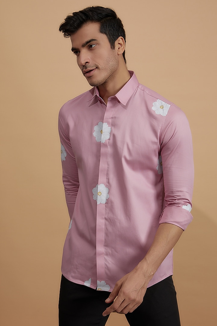 Pink Cotton Floral Printed Shirt by HE SPOKE