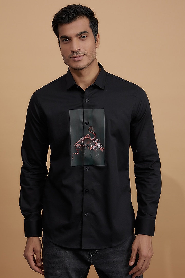 Black Cotton Printed Shirt by HE SPOKE