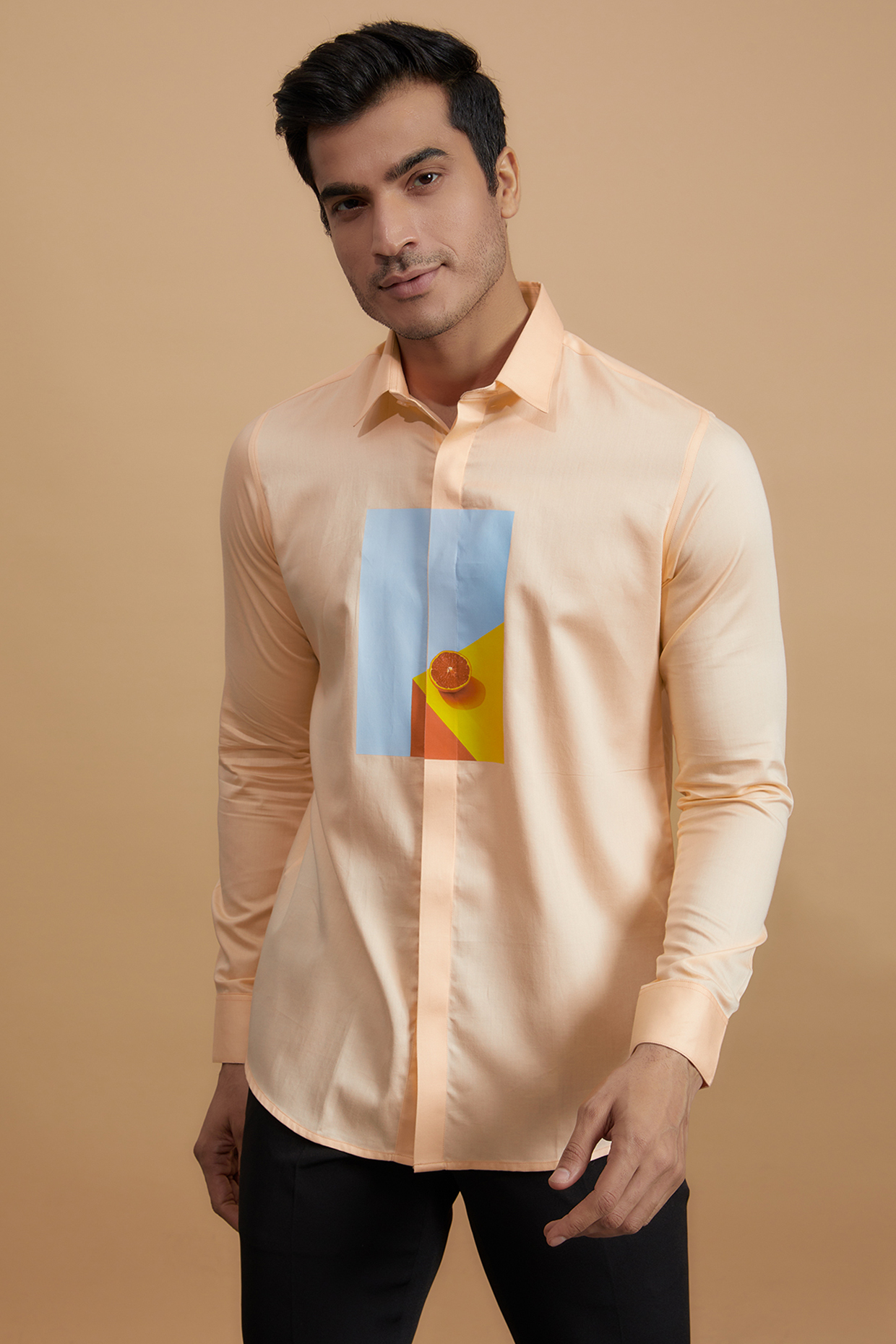 Peach Cotton Printed Shirt by HE SPOKE