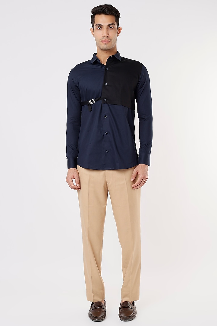 Navy Blue Color-Blocked Shirt by HE SPOKE