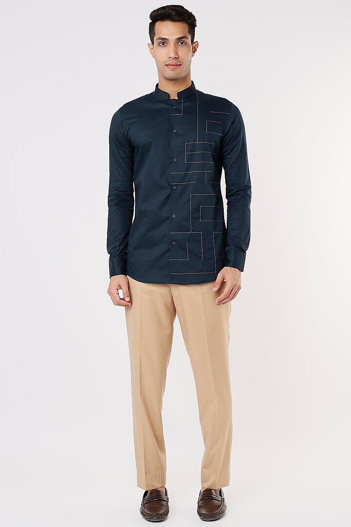 Navy Blue Embroidered Shirt by HE SPOKE
