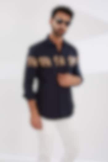Navy Blue Cotton Twill Printed Shirt by HE SPOKE