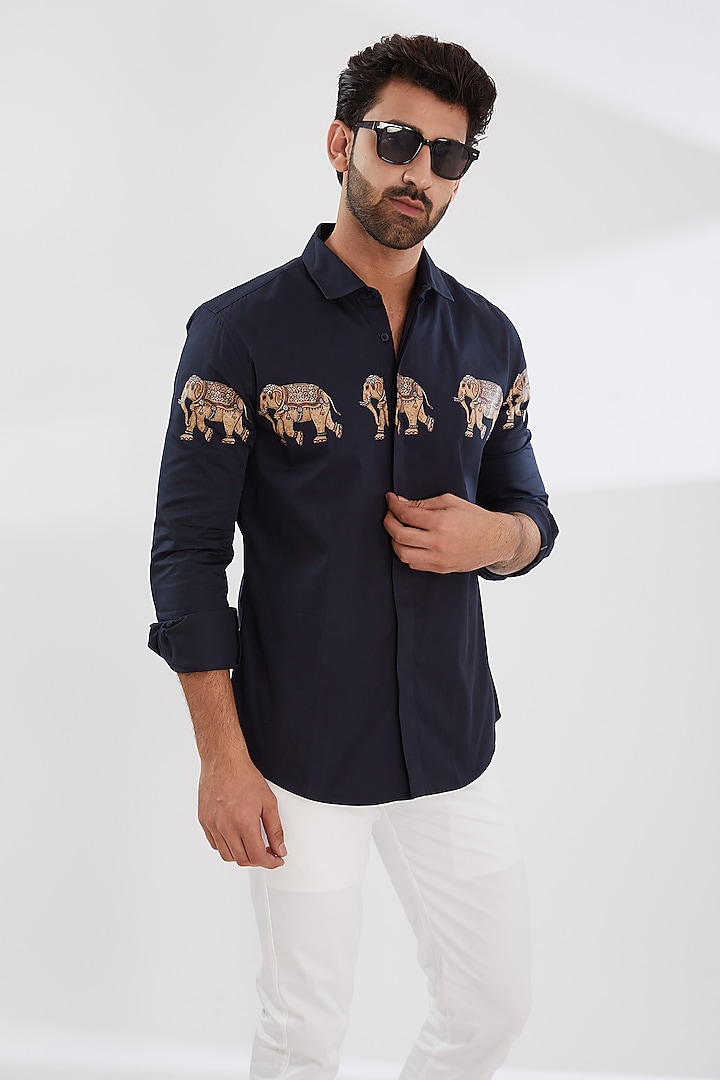 Navy Blue Cotton Twill Printed Shirt by HE SPOKE