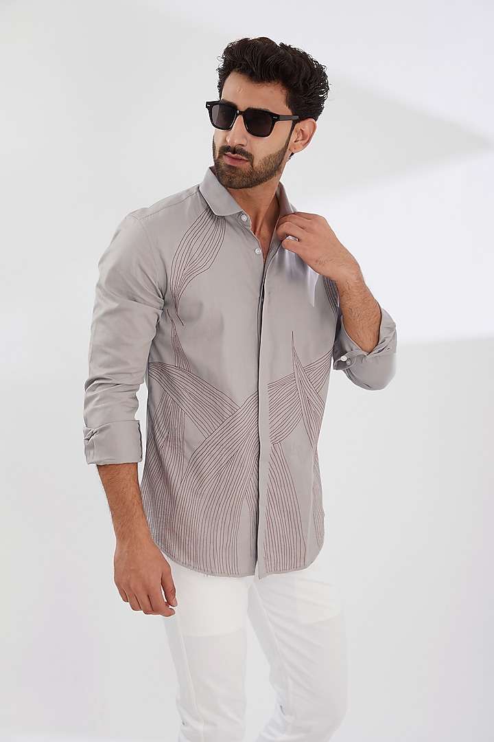 Marble Grey Cotton Twill Embroidered Shirt by HE SPOKE