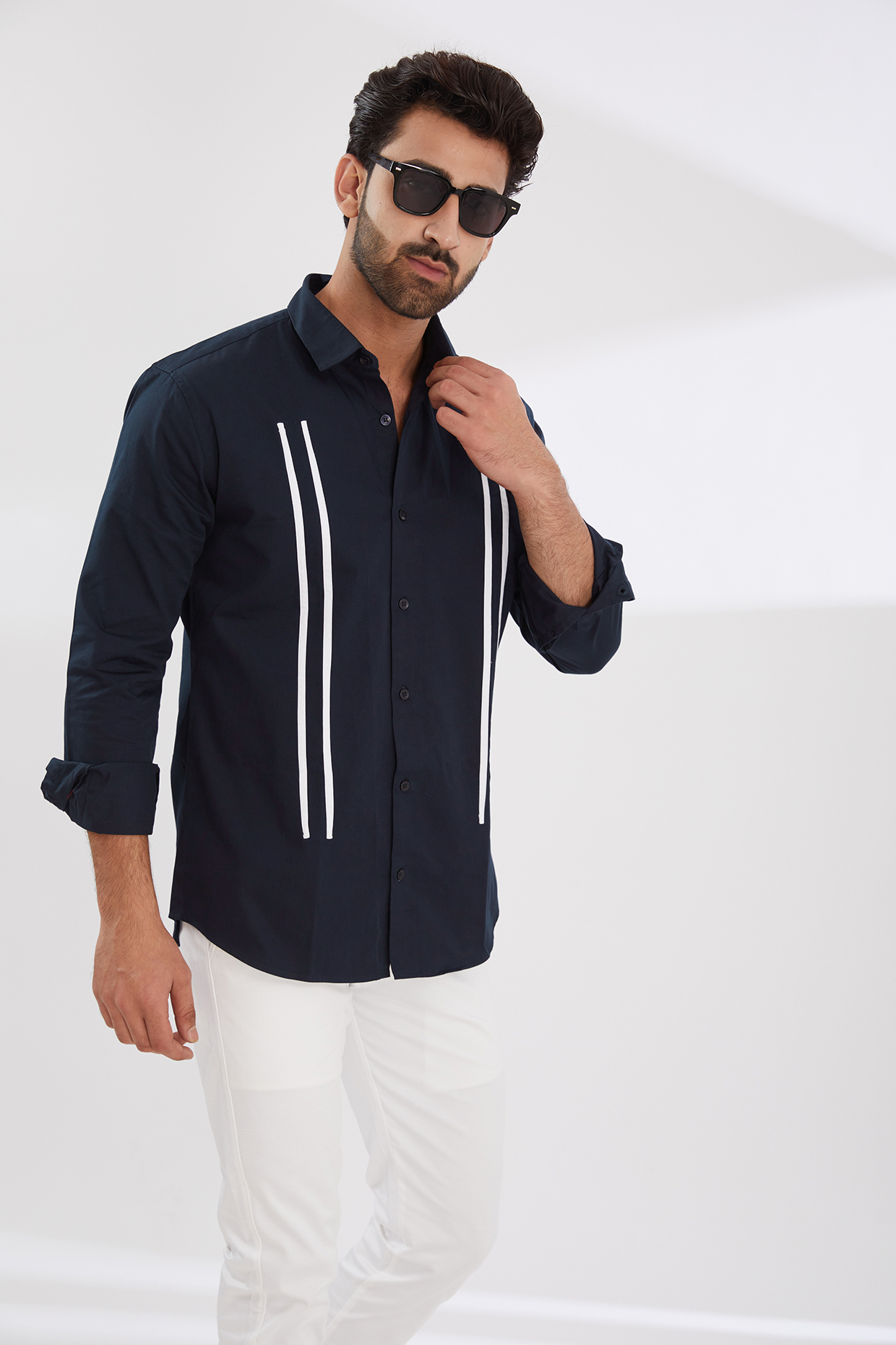 Navy Blue Cotton Twill Shirt by HE SPOKE