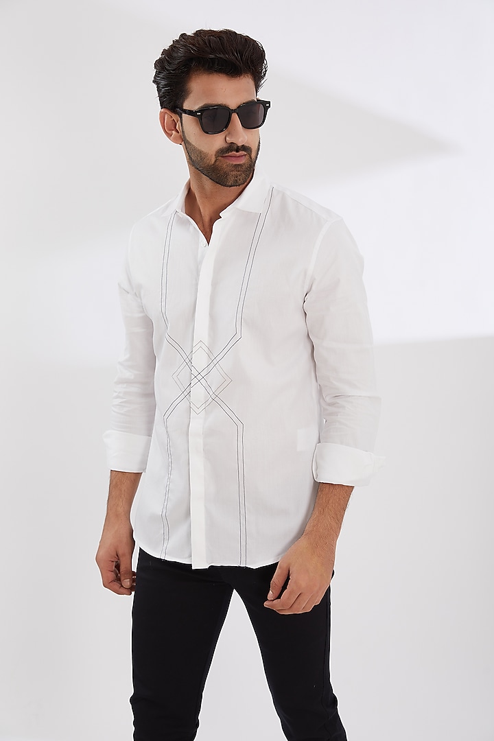 White Cotton Twill Embroidered Shirt by HE SPOKE