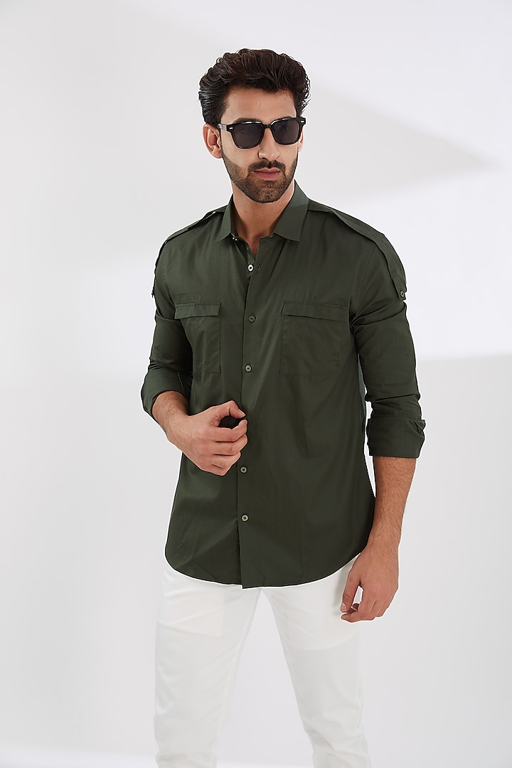 Olive Green Cotton Twill Shirt by HE SPOKE