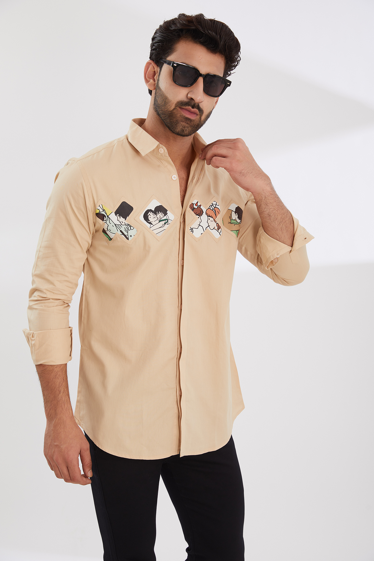 Cream Cotton Twill Printed Shirt by HE SPOKE