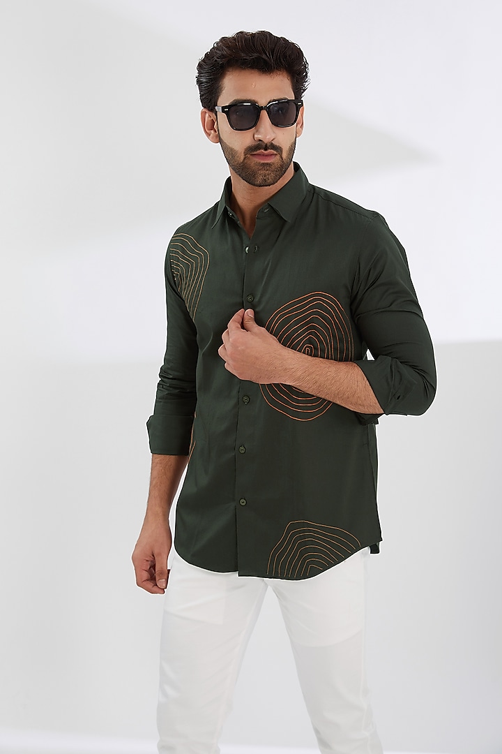 Olive Green Cotton Twill Embroidered Shirt by HE SPOKE