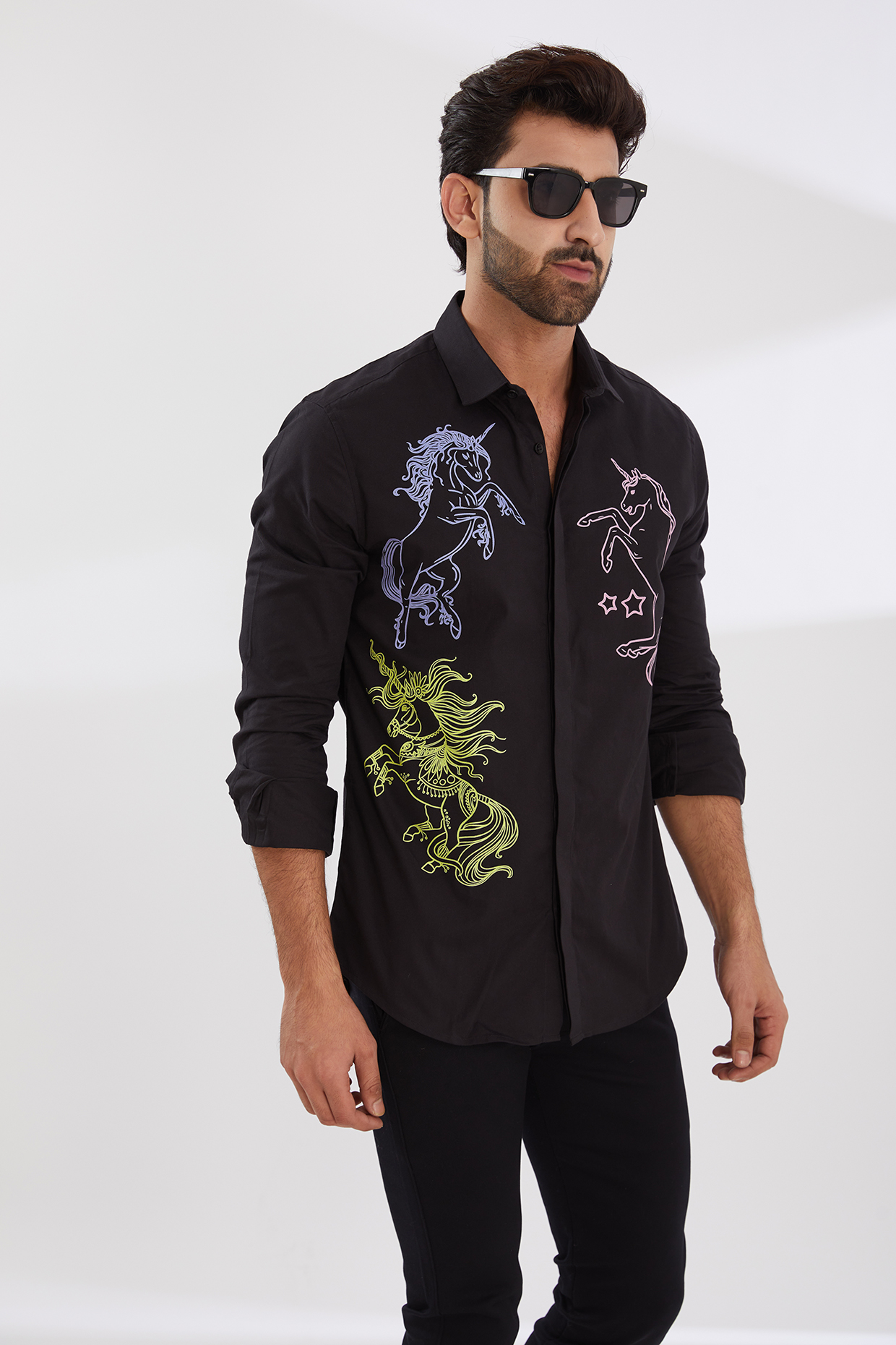 Black Cotton Twill Printed Shirt by HE SPOKE