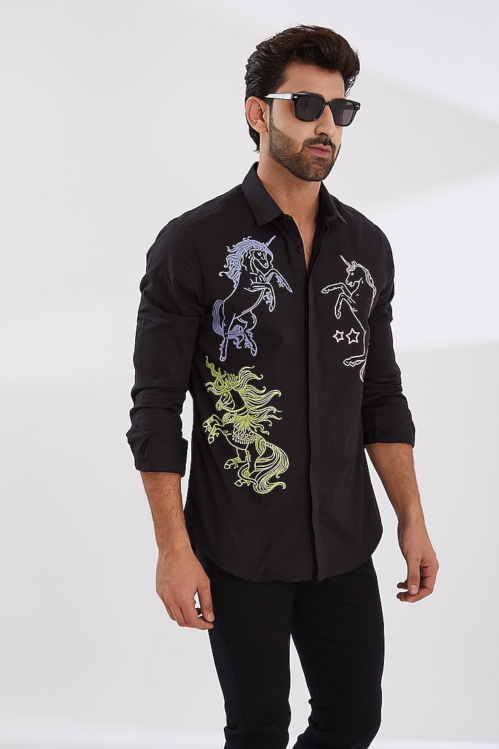 Black Cotton Twill Printed Shirt by HE SPOKE