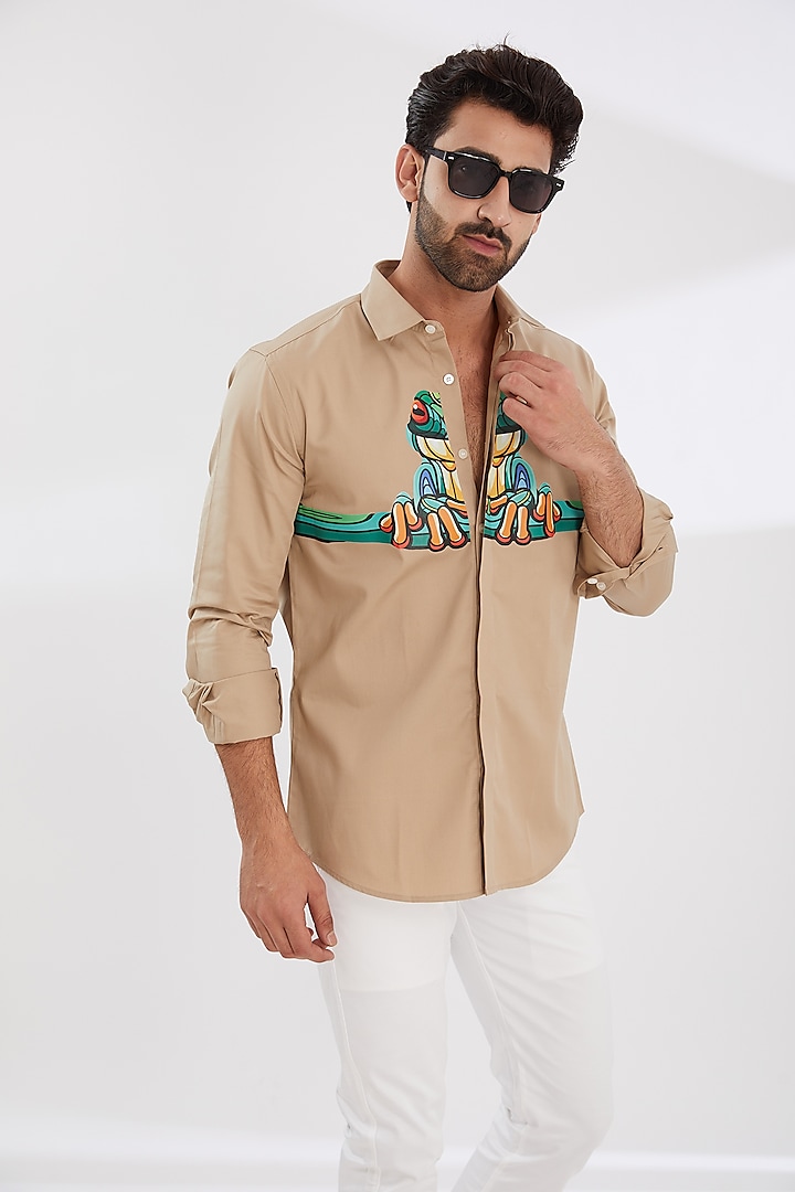 Dull Cream Cotton Twill Printed Shirt by HE SPOKE