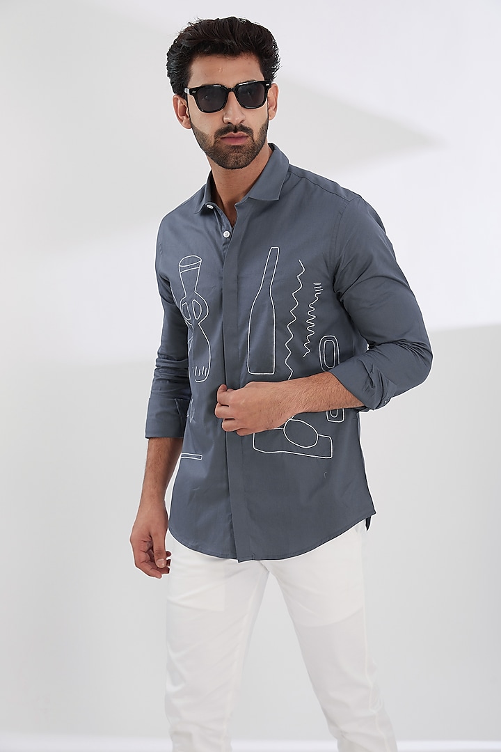 Metal Grey Cotton Twill Embroidered Shirt by HE SPOKE