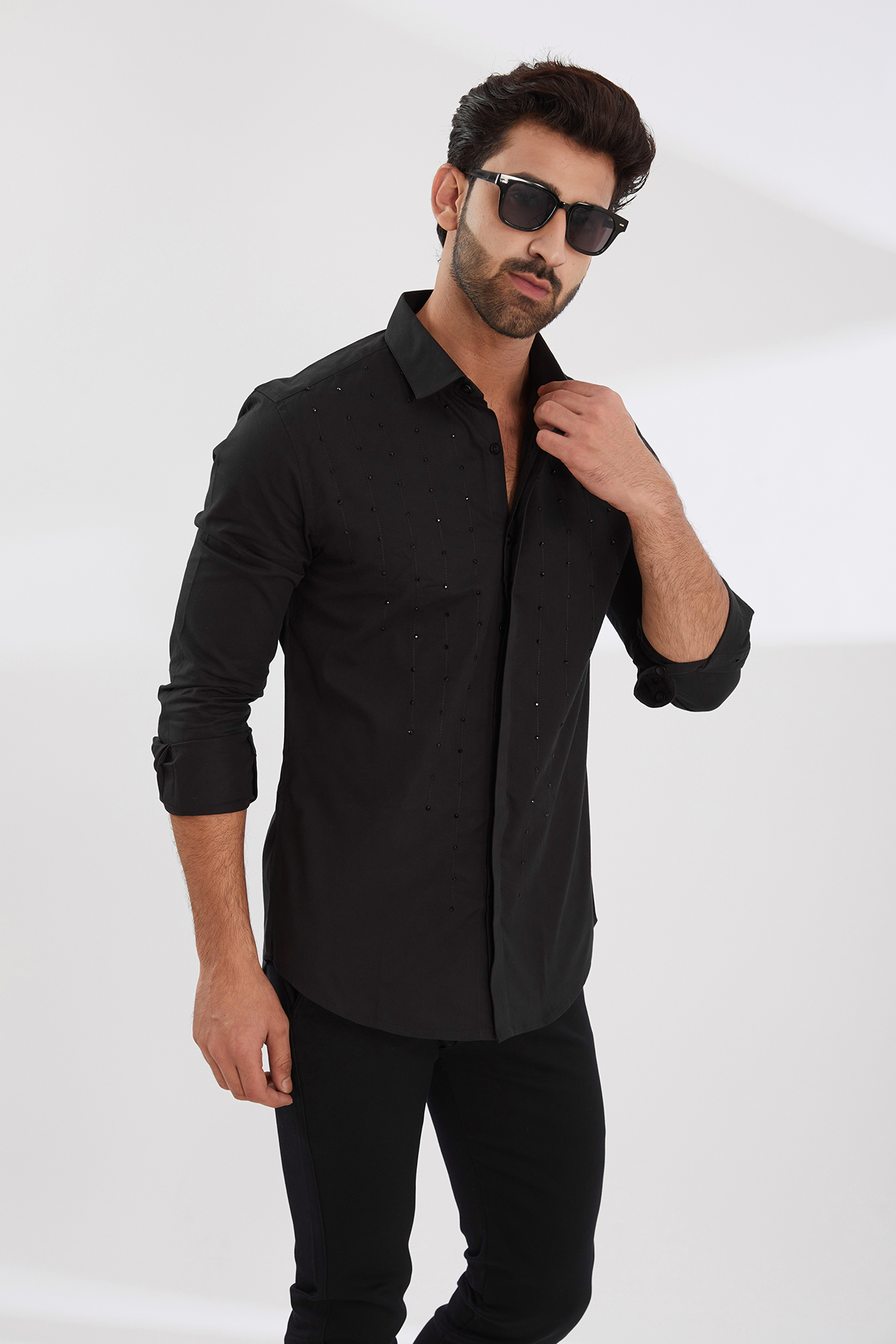 Black Cotton Twill Embroidered Shirt by HE SPOKE