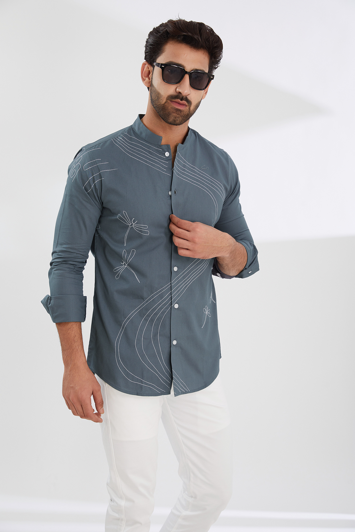 Metal Grey Cotton Twill Embroidered Shirt by HE SPOKE