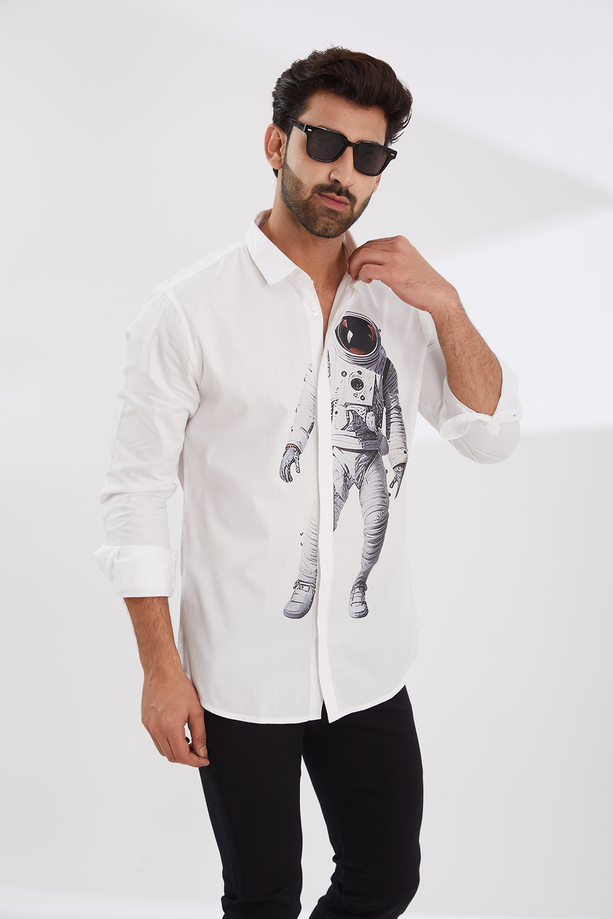 White Cotton Twill Printed Shirt by HE SPOKE