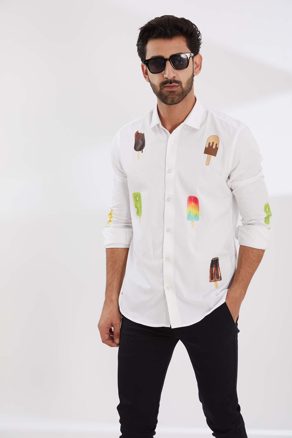 White Cotton Twill Printed Shirt by HE SPOKE