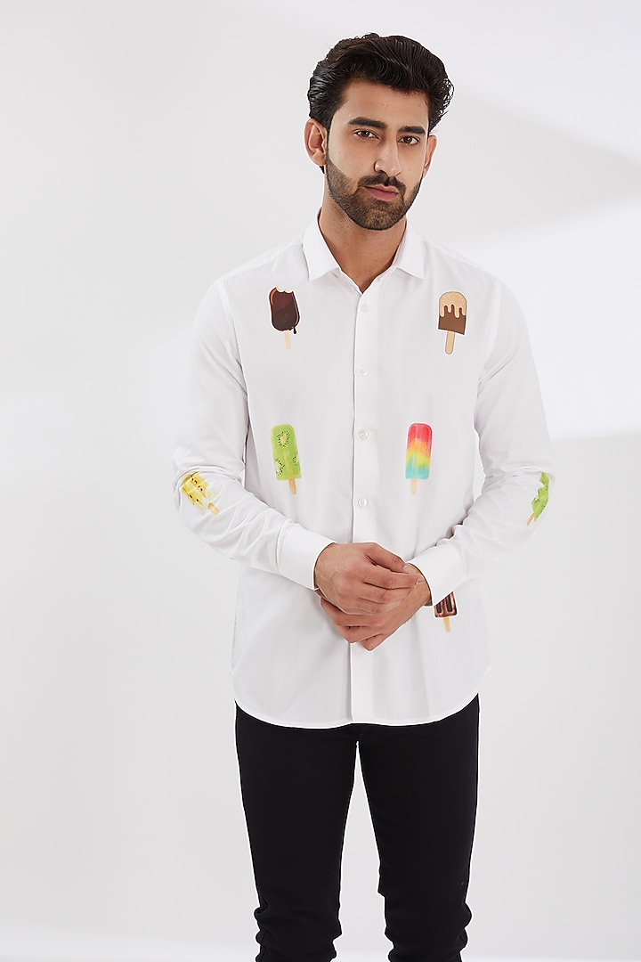 White Cotton Twill Printed Summer Shirt by HE SPOKE at Pernia's Pop Up Shop