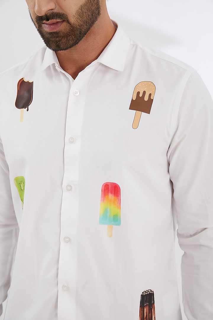 White Cotton Twill Printed Summer Shirt by HE SPOKE at Pernia's Pop Up Shop