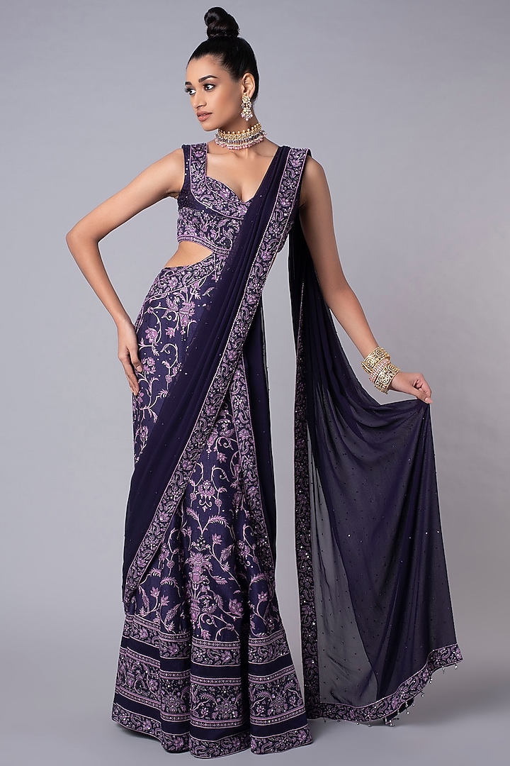 Purple Printed & Embroidered Gown Saree by Hemant Trevedi