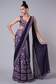 Purple Printed & Embroidered Gown Saree by Hemant Trevedi-GOWN SAREE