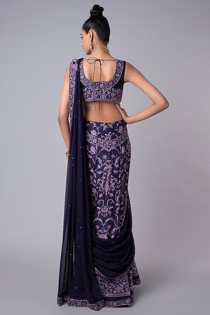 Purple Printed & Embroidered Wedding Gown Saree by Hemant Trevedi at Pernia's Pop Up Shop