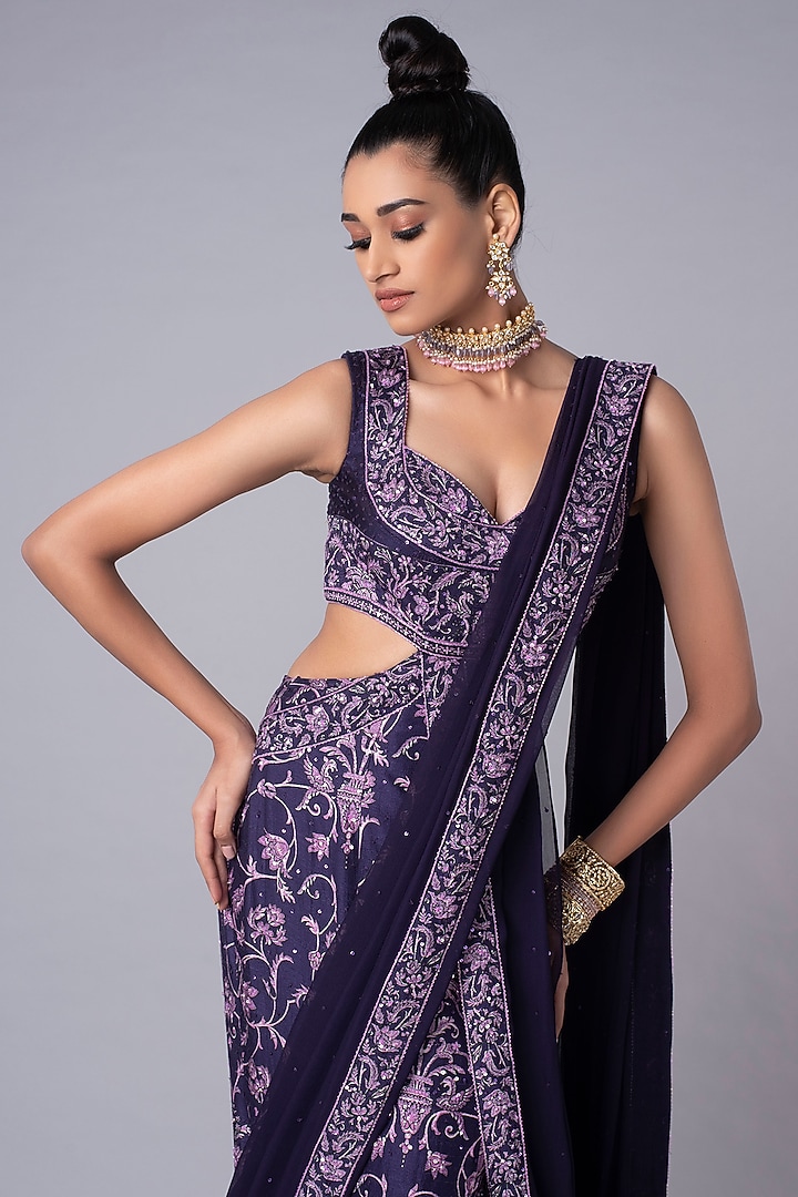Purple Printed & Embroidered Wedding Gown Saree by Hemant Trevedi at Pernia's Pop Up Shop