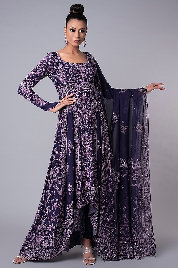 Purple Embroidered Anarkali Look by Hemant Trevedi