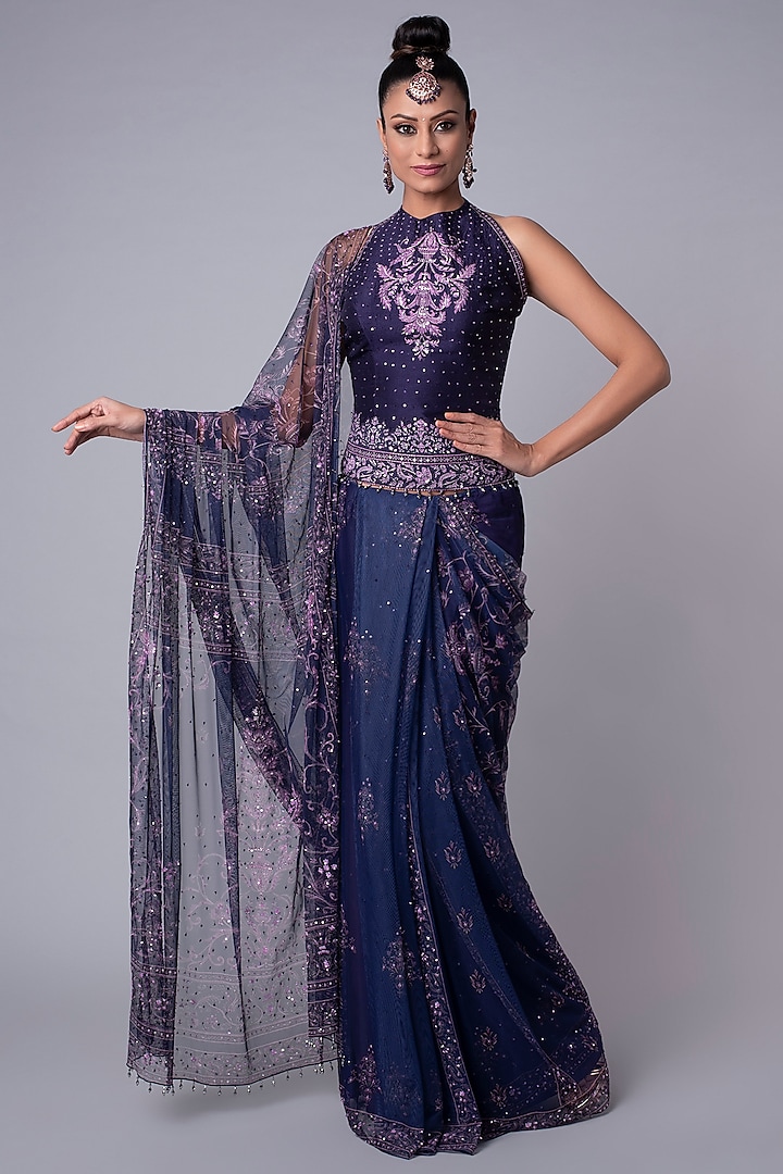 Purple Printed & Embroidered Saree Set by Hemant Trevedi