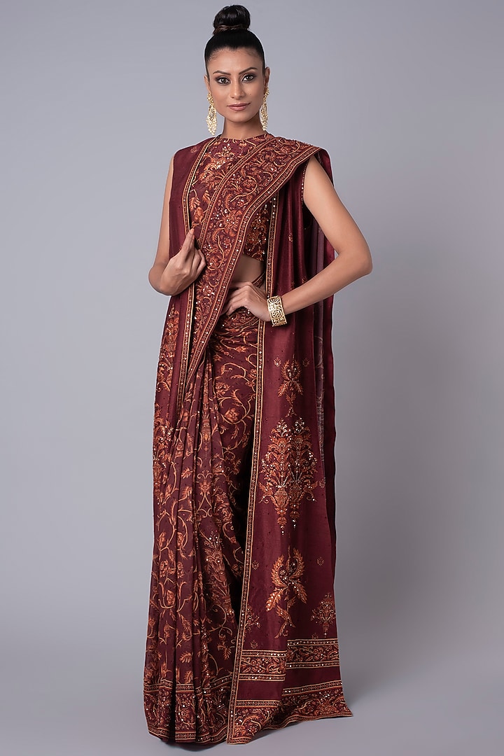 Brick-Red Georgette Printed Jacket Saree Set by Hemant Trevedi