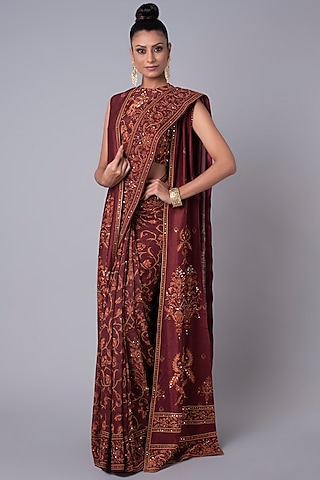 Brick-Red Georgette Printed Jacket Saree Set by Hemant Trevedi