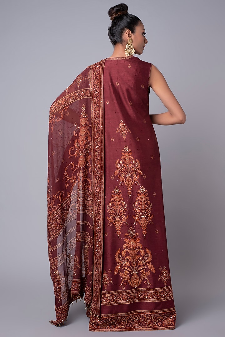 Brick-Red Georgette Printed Jacket Wedding Saree Set by Hemant Trevedi at Pernia's Pop Up Shop