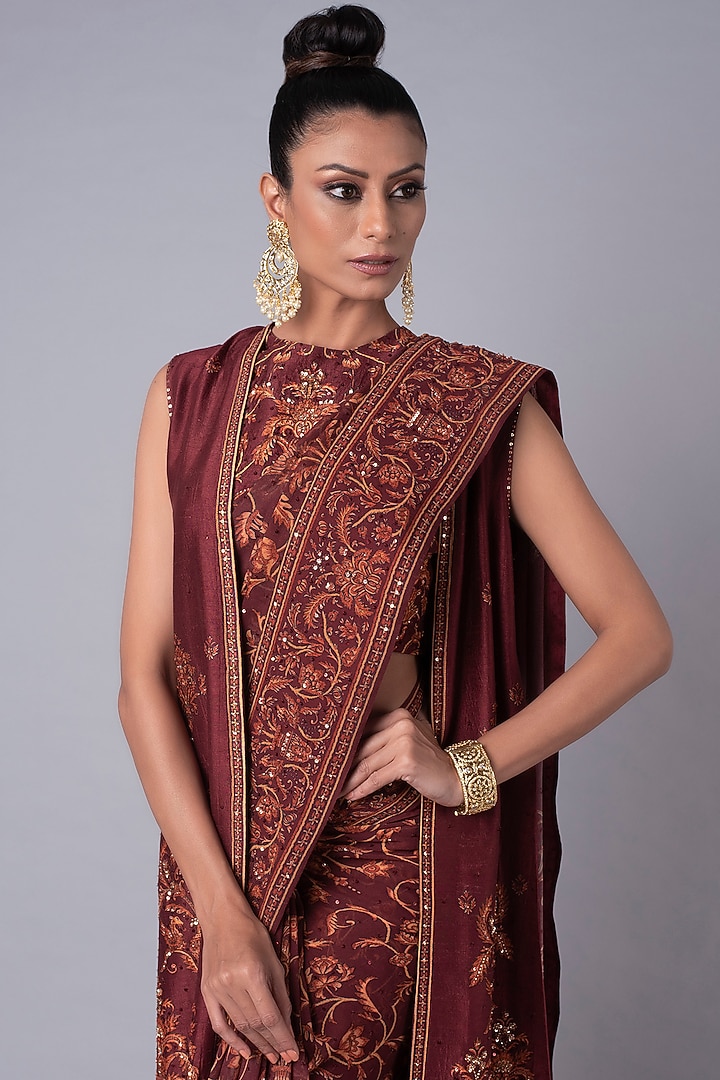 Brick-Red Georgette Printed Jacket Wedding Saree Set by Hemant Trevedi at Pernia's Pop Up Shop